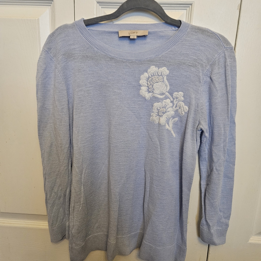 LOFT Light Blue Sweater with Floral Detail